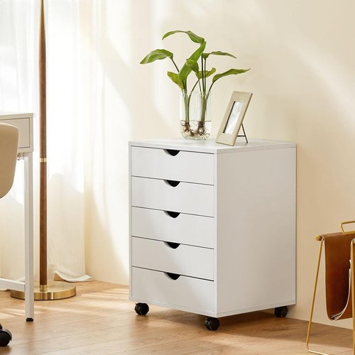 Elevon 5 Drawer Chest - Mobile Wooden Storage Cabinet with Wheels | White Room Organizer for Home & Office