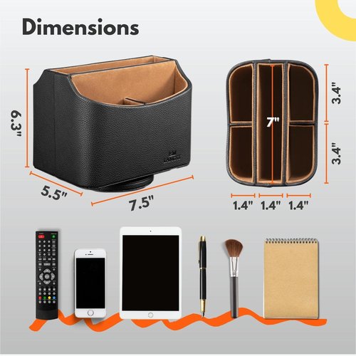 LAMOTI Leather 360 Spinning TV Remote Caddy - 5-Compartment Desk Organizer for Universal Remotes, Phones, Tablets, Pens, Eyeglasses & More (Grey)