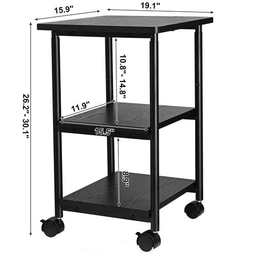 VASAGLE Heavy-Duty Printer Stand with Locking Wheels, 3-Tier Industrial Mobile Cart with Storage Shelf, Printer Table for Home, Office, 26.2-30.1" Adjustable Height, Ebony Black UOPS03B