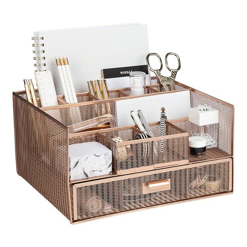 BLU MONACO Large Rose Gold Desk Organizer with 12 Compartments & Drawer – Office Supplies & File Holder, Desk Storage & Workspace Organizer