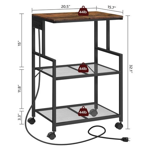 MAHANCRIS Mobile Printer Stand, 3-Tier Industrial Printer Cart with Power Outlets and 2 USB Ports, Rolling Printer Table on Wheels for Home Offices Kitchen Organization Rack, Rustic Brown PTHR78E01