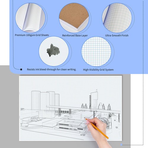 Large Graph Paper Pad, 100 GSM, 11 x 17 inches, 0.25" 4x4 Square Grid, Blueprint, High Brightness, 100 Sheets/200 Pages, 2 Pack Engineering Graph Paper Pads (4 Squares Per Inch, 50 Sheets Each Pad.)
