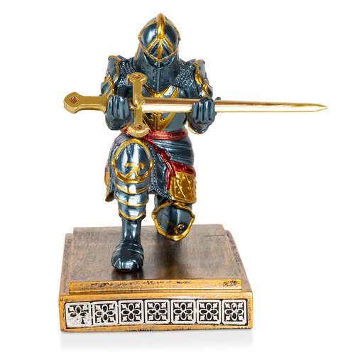 Akulgaci Medieval Knight Pen Holder with Sword, Kneeling King's Guard Warrior Pencil Stand Office Accessories Cool Fancy Desk Decor Gift for Men Father Husband Grandfather Boyfriend Boss Him