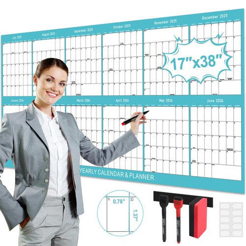 Laminated Erasable Calendar 2025-2026 - 17'' x 38'' Dry Erase Calendar for Wall, July 2025 - June 2026, Reversible, Double Sided, Horizontal/Vertical, Wall Calendar 2025-2026 Perfect for Home School Office