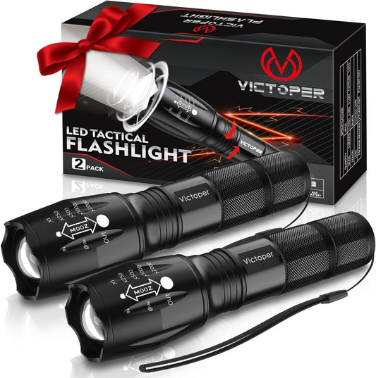 Victoper LED Flashlight - Bright Tactical Torch with 5 Modes | Waterproof & Zoomable - 2 Pack for Outdoor Adventures