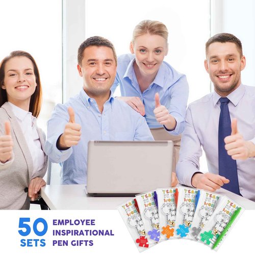 Sayglossy 50 Set Bulk Team Appreciation Gifts for Employee Coworker School Staff Teacher Student Client Inspirational Pens and Positive Puzzle Piece Keychains 10 Style for Christmas Gifts