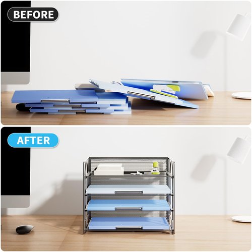 Marbrasse 4 Tier Paper Organizer Letter Tray, Desktop Organizer with Hanging File Holder, Mesh Desk File Office Supplies for Home Office (Black)