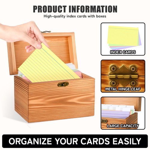 MOBYKE Index Card Holder 4x6, wooden Origanizer Recipe Box with 100 PCS Flash cards, 30 White Dividers, 1 Blank Sticker and 1 Letter Sticker, Flashcard Notecard Holders for Home Office