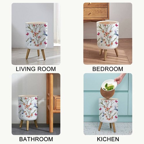 Small Trash Can with Lid Seamless floral with hand drawn hummingbirds tropical japanese flowers Round Recycle Bin Press Top Dog Proof Wastebasket for Kitchen Bathroom Bedroom Office 7L/1.8 Gallon