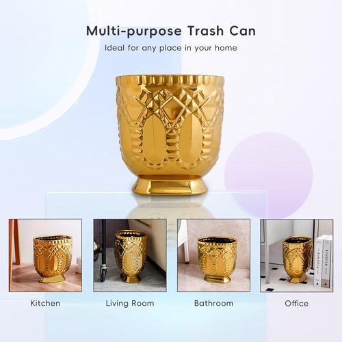 TCQMSS Modern Golden Trash Can, Ceramic Waste Container Garbage Receptacle Bin for Bathrooms, Powder Rooms, Kitchens - Stylish Wastebasket Garbage Can for Home & Office
