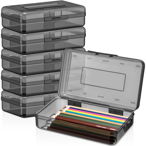 Blulu 6 Pack Large Plastic Pencil Case Clear Pencil Boxes Bulk Hard Crayon Box Storage with Lid Snap 8.1 x 4.7 x 2.2 Inch Gray Closure Painting Marker Organizer Large Capacity Back to Supplies