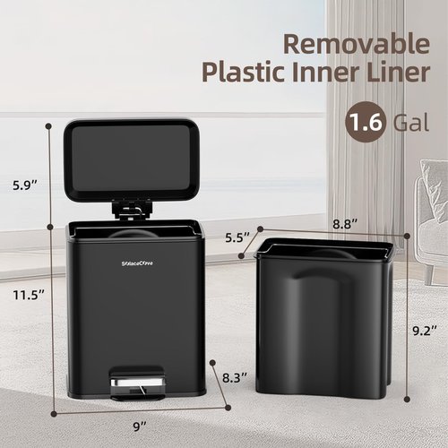 Small Bathroom Trash Can with Lid Soft Close, Stainless Steel Small Garbage Can with Removable Inner Bucket, Step Pedal, Trash Bins for Kitchen, Office, Bedroom, Dorm, Black (6L/1.6Gal)