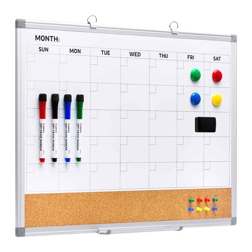 Comix Dry Erase Calendar Whiteboard Corkboard Combo, 24 * 18 inch Monthly Calendar and Bulletin Board Combination for Wall, Aluminum Frame Planner with Dry Erase Markers, Magnets, Push Pins