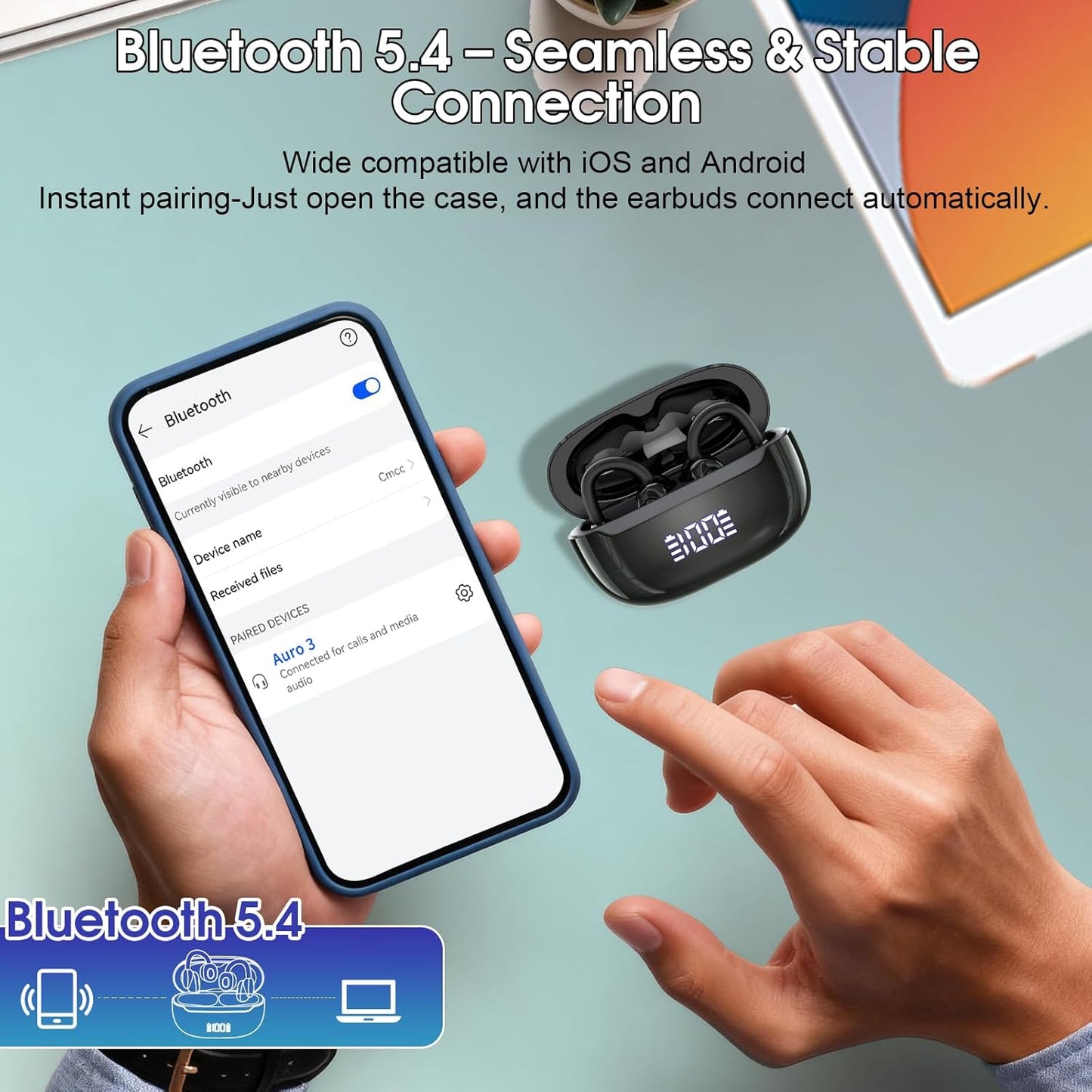 Skiennix Wireless Earbuds - Open Ear Bluetooth 5.4 Headphones with DNN Noise Cancelling, 48H Playtime, Secure Fit | Black