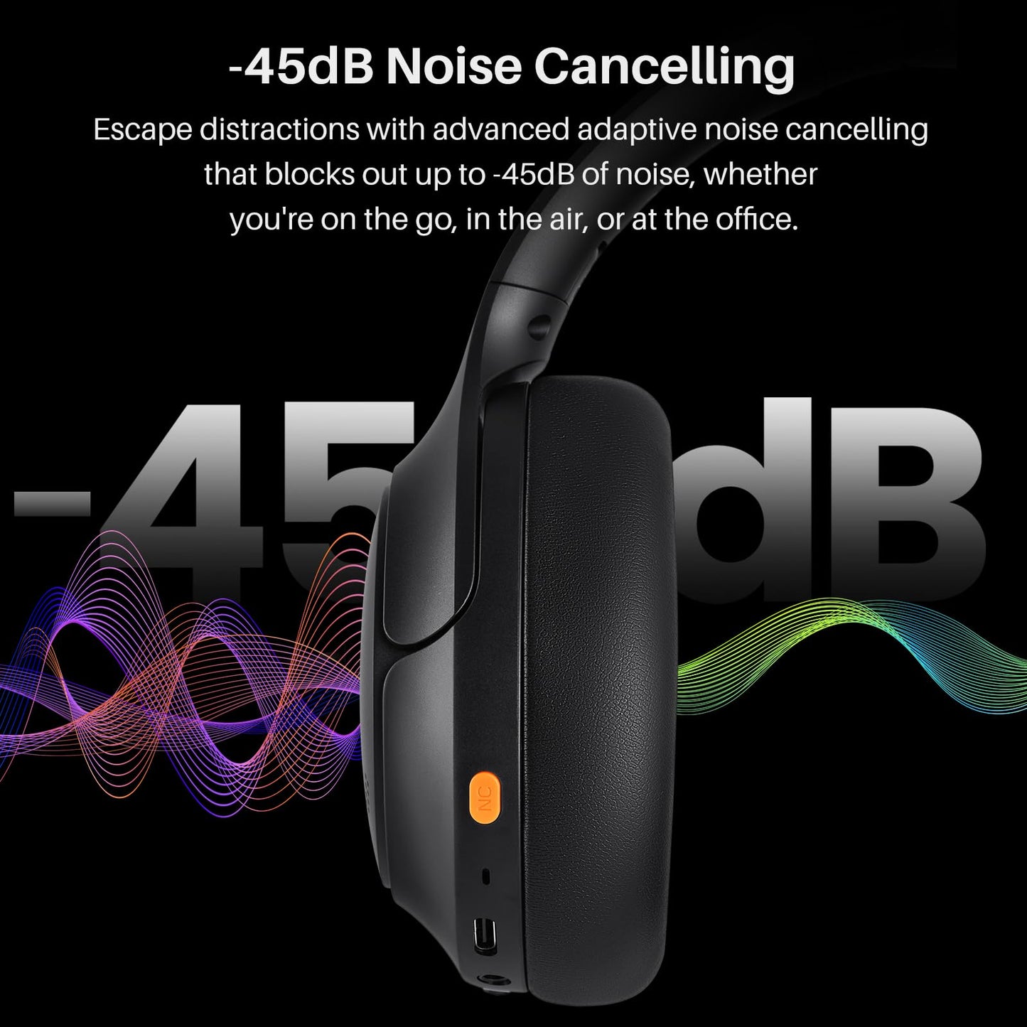 TOZO HT3 Hybrid Noise Cancelling Headphones, 90H Battery Life Wireless Over Ear Bluetooth 6.0 Foldable Headset, AI Voice Assistant with 5 Mics, Connect 2 Devices and Hi-Res Sound, 32 EQ Audio Presets