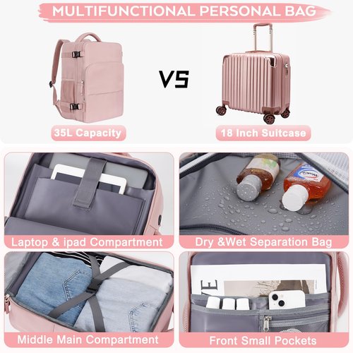 Getravel Travel Backpack for Women, Personal Item Bag for Airlines, Lightweight Carry On Backpack, Casual Hiking Work Gym College Weekender Bag Daypack, Laptop Backpack, Pink