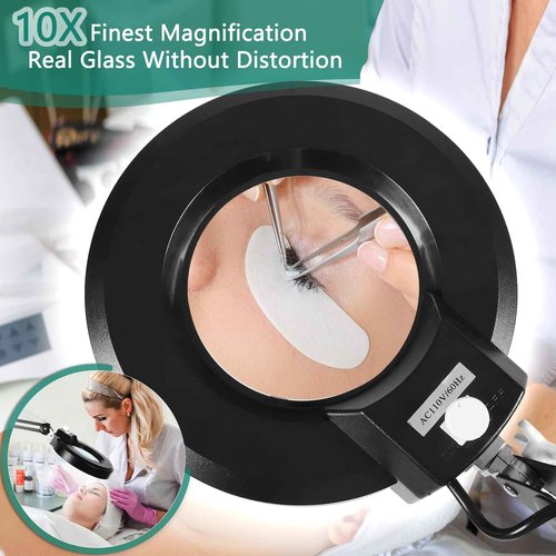 10X Magnifying Glass with Light and Stand, Floor Lamp with 5 Wheels Rolling Base for Lash Estheticians Facials, 1,500 Lumens Stepless Dimmable, LED Lighted Standing Magnifier for Sewing Crafts - Black