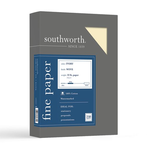 Southworth® 100% Cotton Business Paper, 8 1/2" x 11", 32 Lb, Ivory, Box of 250