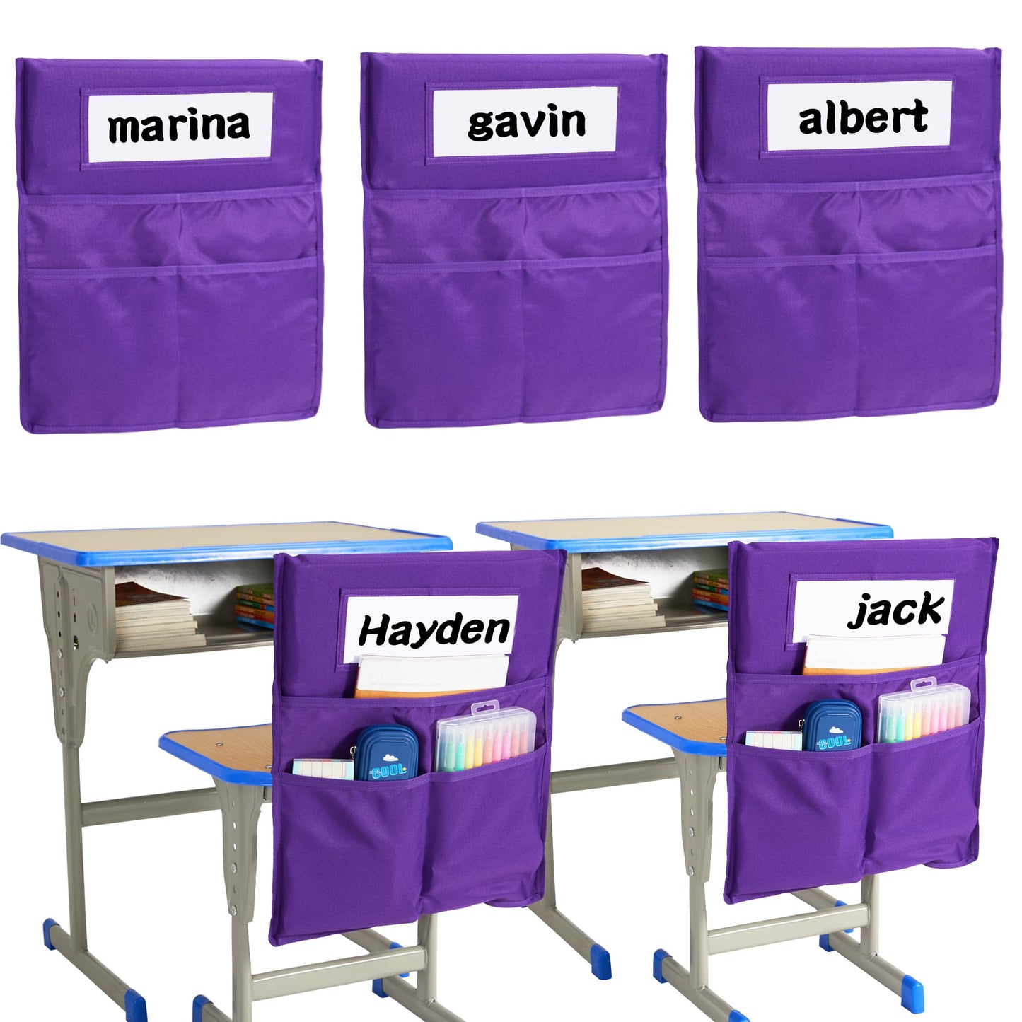 HELLO PAPAYA Chairback Buddy Pocket Chart, Chairback Buddy Pocket Chair Pockets for Classroom with 3 Pockets and 1 Student Name Tag, Chair Pockets Organizer