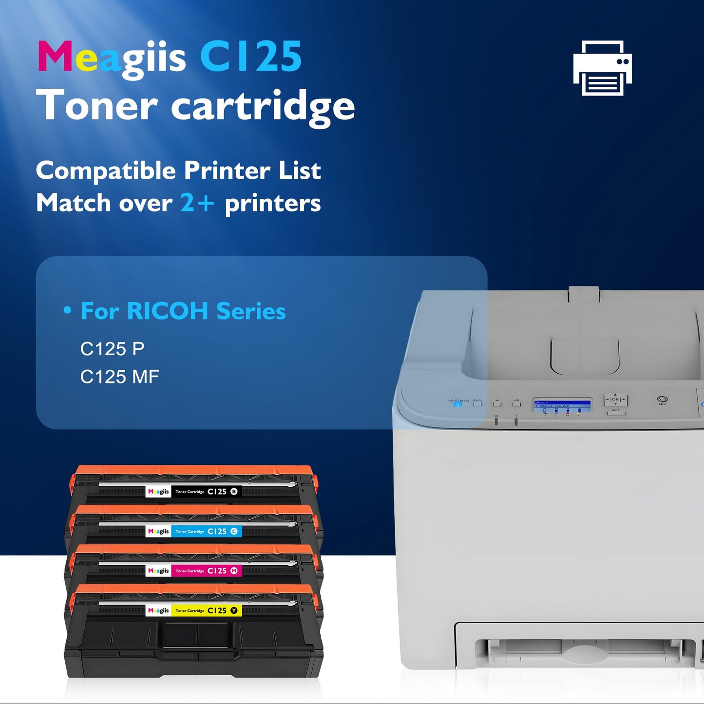 Meagiis High Capacity C125P C125MF Toner Cartridge 434060 434061 434062 434063 Replacement for Ricoh C125 Toner Cartridges for Ricoh C125P & C125 MF Printer Ink (4-Pack, Black Cyan Magenta Yellow)
