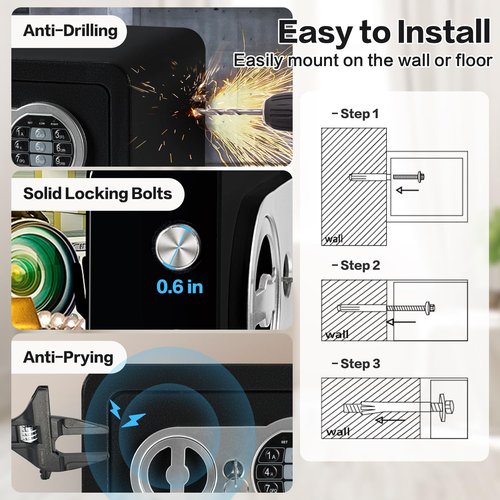 0.23 Cubic Feet Safe Box, Small Safe W/Fireproof Bag, Keys & Pass Code, Digital Electronic Security Money Box for Cash, Document, Home, Office, Hotel Use, Black, 6.69"D x 9.06"W x 6.69"H