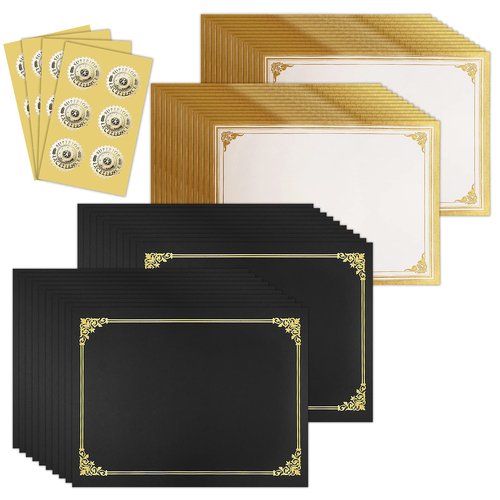 SUNEE 75pcs Certificate Kit, Includes 25pcs Black Certificate Holders & 25pcs Letter Size Certificate Papers & 25pcs Gold Foil Award Seals, for Diploma, Award, Accomplishment