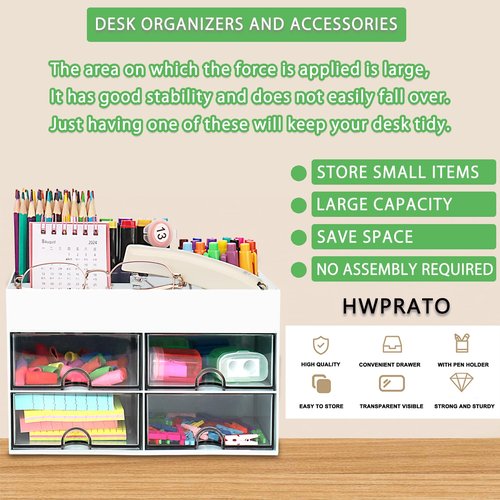 HWPRATO Cute Pen Organizer with Drawer, Multi-Functional Small Desktop Accessories Organizers, Pencil Holder for Desk Office Art Supplies (4 Drawer Desk Organizer-White)