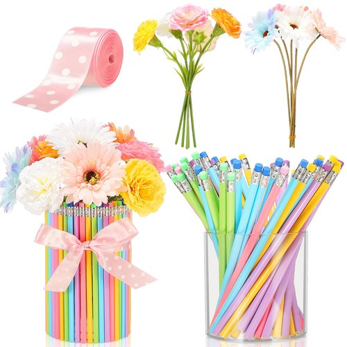 Honeydak 62 Pcs Teacher Appreciation Gifts Teacher Essentials Supplies Back to School Must Haves for Students Classroom, Includes Pen Holder, Pencils, Artificial Flowers and Ribbon