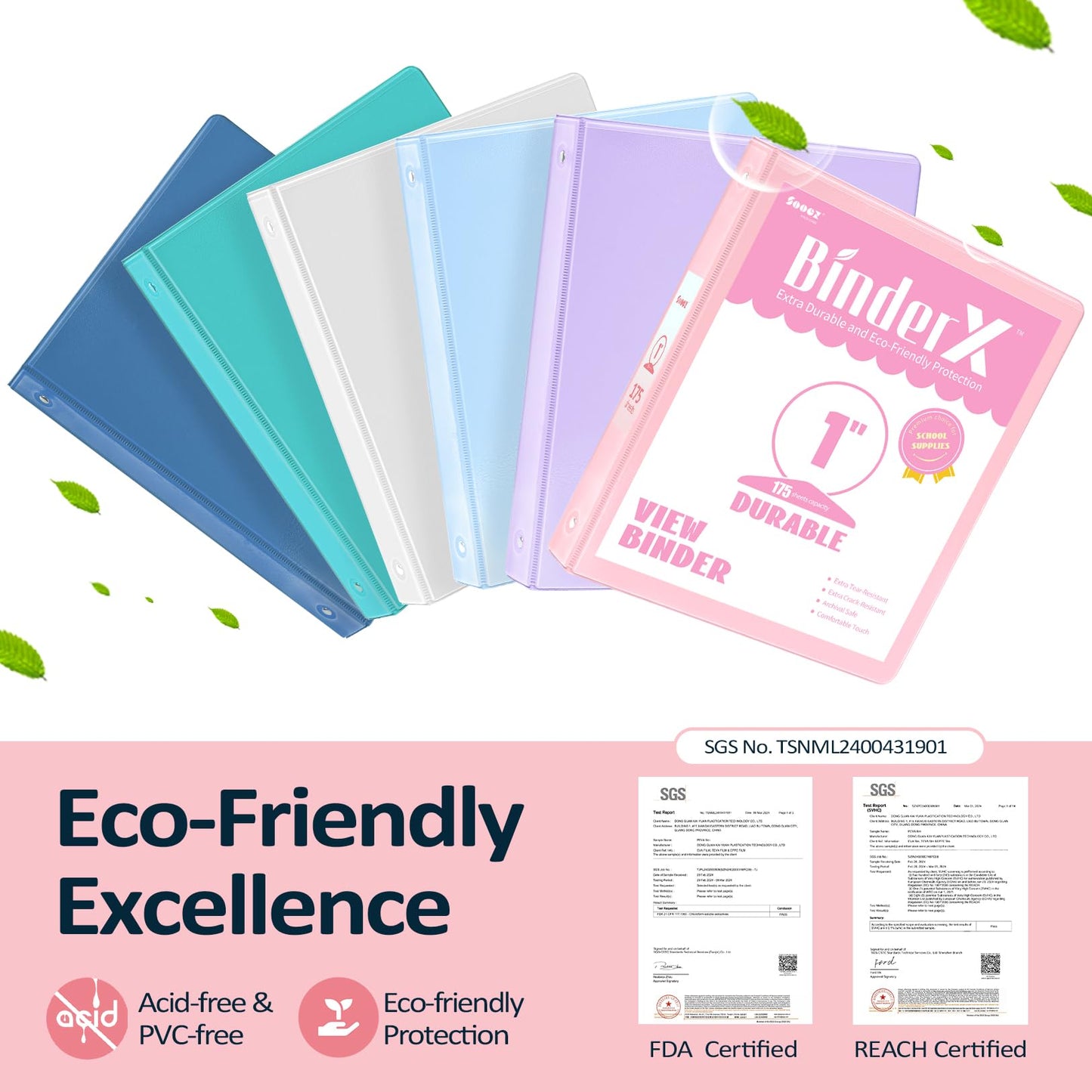 6 Pack 3 Ring Extra Durable Binders 1 inch, Sooez 1” Three Round Ring Binders with Pockets, Cute Customizable Clear View Cover for 8.5 x 11 Letter Size Papers, Pastels School Office Supplies for Girl