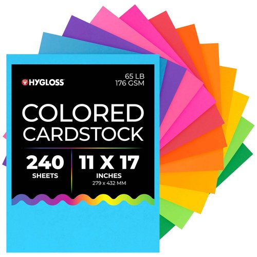 Hygloss Bright Colored Cardstock - 11x17-Inch, 12 Assorted Colors, 240 Sheets, 65 lb/ 176 gsm, Fade-Resistant, Acid-Free Color Card Stock Paper