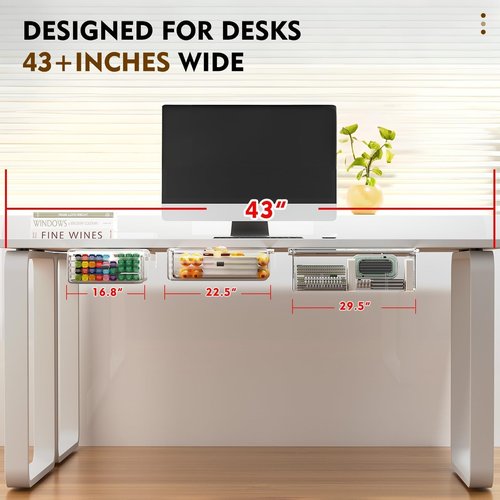 3 Pack Under Desk Drawer Organizer, Slide Out Desk Drawer, Clear Plastic Drawer Under for Office, School, Home, Hidden Desktop Organizer Pen Holder for Self-Adhesive (Clear, 3 Size)