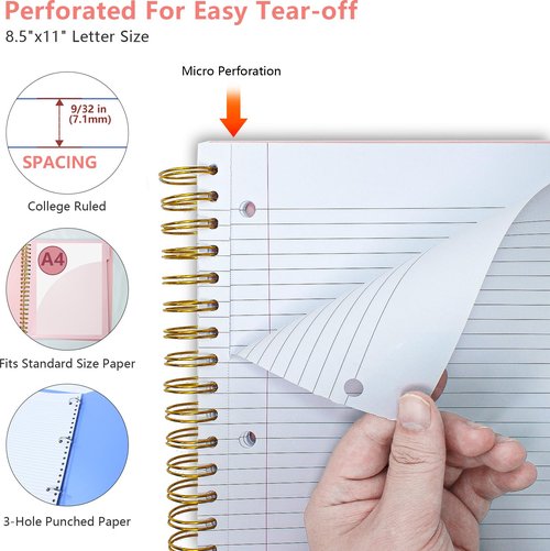 Aesthetic 5-Subject Notebook College Ruled with 5 Movable Tab Dividers & Pockets, 150 Sheets, 3-Hole Punched, Spiral Notbook, Plastic Cover, Fits 8.5"x11", 68gsm Paper, Includes Writable Stickers – Cute School Journal or Office Supplies, Pink