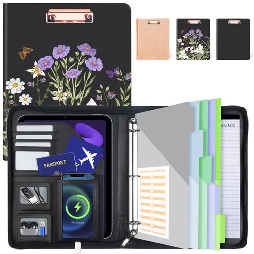 KLLVE Clipboard with Storage for Men Women, Leather Padfolio Portfolio with Zipper, 1 Inch 3 Ring Binder 5 Dividers, Notepad for Letter Size, Elastic Closure and Pen Loop, Card Slot Black Flower