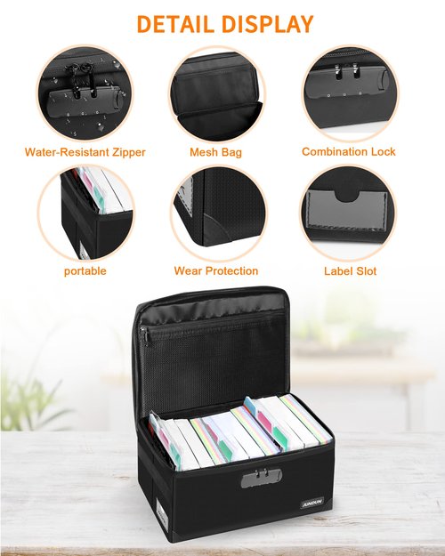 JUNDUN Index Card Holder with Lock,Collapsible Fireproof Index Card Box fits 1200 5x8-Inch Flash Cards - Business, Recipe, or Note Card Storage Boxes - Black