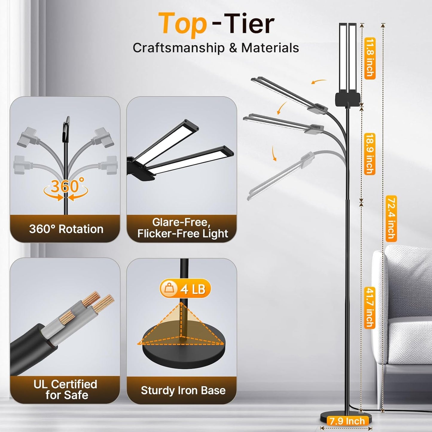 Syrinx LED Floor Lamp - 18W 2000LM Bright Reading Light with Gesture & Remote Control | Dimmable Dual Head Design