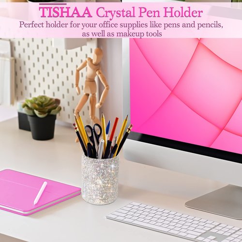 TISHAA Bling Cup Holder Organizer – Pen Pencil Office Desk Table Decorative Supplies Rhinestone Crystal Glitter Home Bedroom Vanity Makeup Brush Storage Tumbler Bins Container Accessories