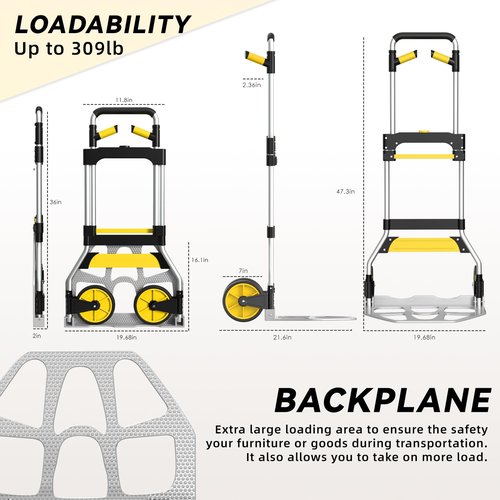 Aluminum Folding Hand Truck 309lb Capacity - Collapsible Dolly Cart with 47.3" Adjustable Handle, TPR Wheels & Portable Hand Truck Design, 11lbs Lightweight Storage Solution (No Assembly)