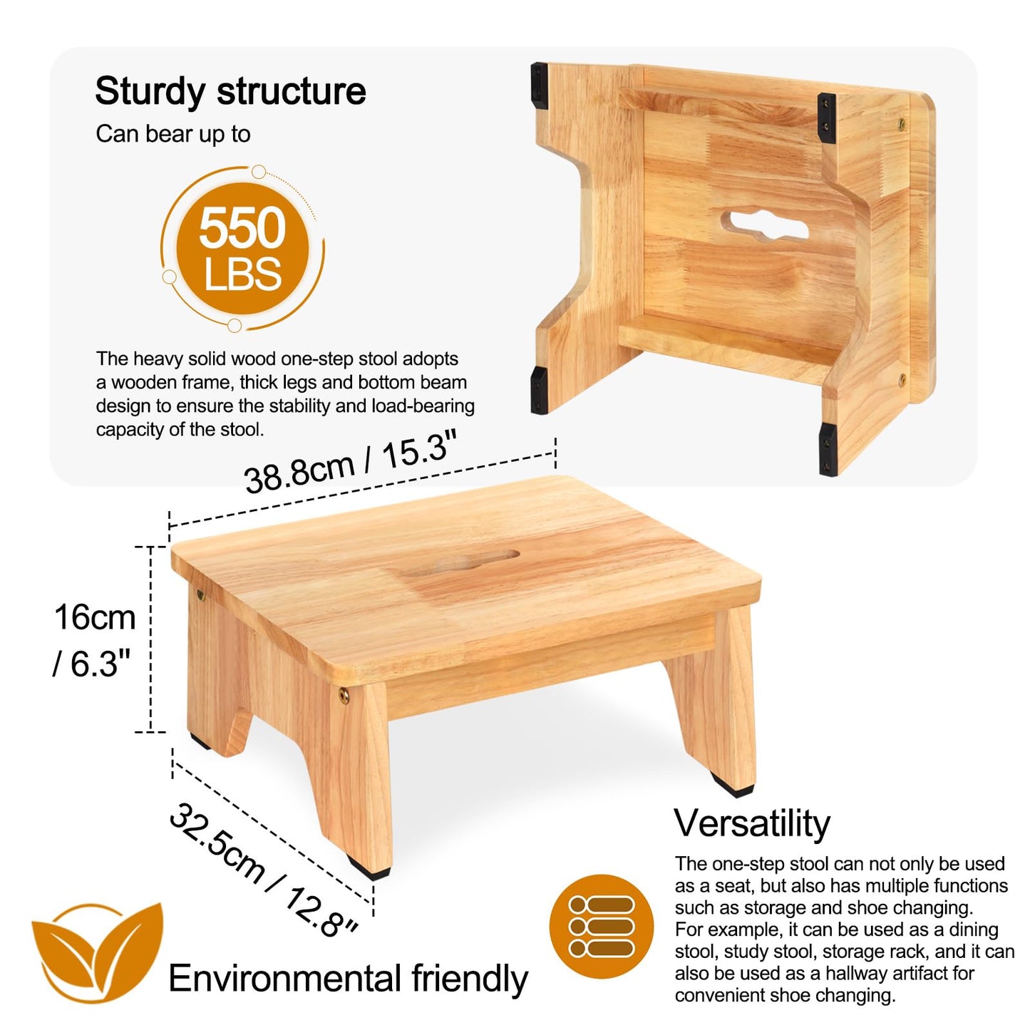 Wooden Step Stool, 6.5 inch One Step Stool for Adults, 550 LBS Capacity Wooden Beside Stepping Stool, Heavy Duty Sturdy Step Stool, Nonslip Safe Step Stool for Bed, Bedroom, Kitchen, Office, Wood
