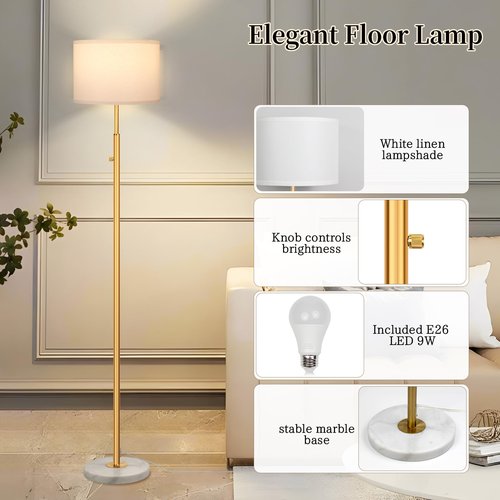DMBOSS 63.7" Floor Lamps for Living Room,Dimmable Lamps with White Marble Base Linen Shade,9W LED Bulb Included,Modern Standing Lamp with Gold Pole for Office Reading,Bedroom