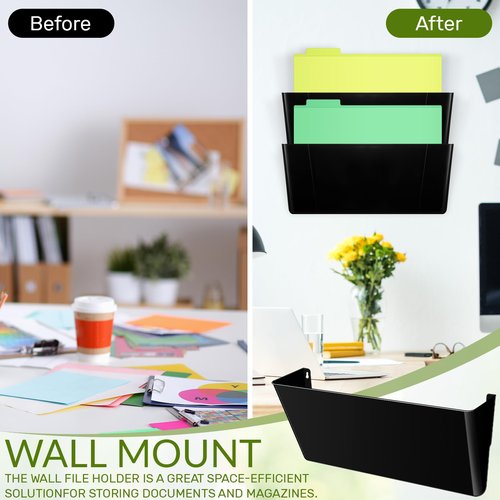 Threehoney 3 Pcs Black Single Pocket Wall Mount File Holder Legal Size Plastic Office Wall Organizer with Double Sided and Screws Hanging File Organizer Mails Wall Folder Holder for Office and Home