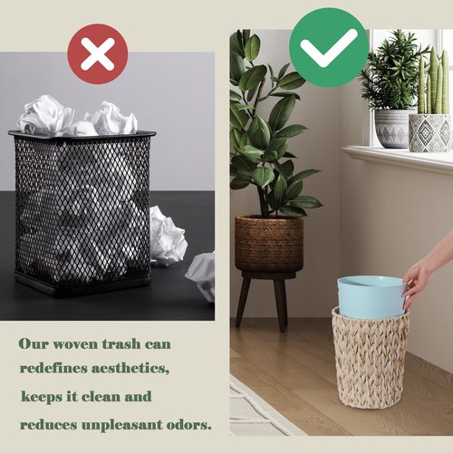 YOKOMI Plastic Wicker Trash Can with Lid - 2 Gallon Small Garbage Can with Removable Liner Bucket for Bedroom, Bathroom, Living Room - Boho Hand Woven Waste Basket for Home, Office, Beige