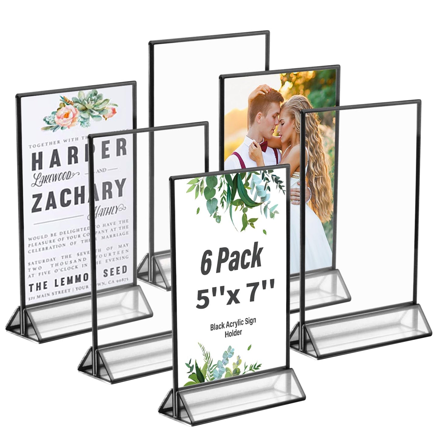 Ayuanb 5x7 Inch Acrylic Sign Holder with Black Borders, 6 Pack Black Picture Frames for Wedding, Double Sided Table Number Holders Menu Holders, Acrylic Stands for Display, Restaurant Signs