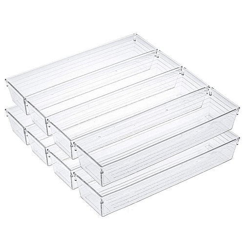 Kingrol 10 Pack 12 x 3 x 2 Inch Clear Drawer Organizer Trays, Desk Drawer Divider Storage Bins, Storage Box Set for Kitchen Bathroom Office Supplies