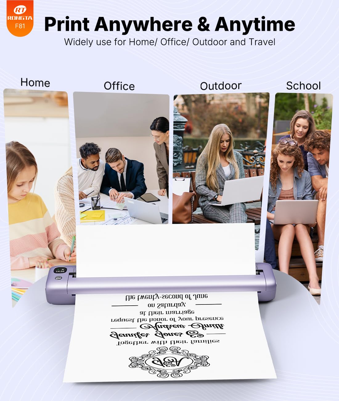 Rongta Portable Printers Wireless for Travel, Bluetooth Mobile Printer, Thermal Inkless Printer for School/Office/Home Use, Compatible with Android,iOS & Laptop (Purple)