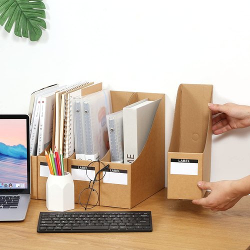Foldable Desk File Holder Organizer Sturdy Cardboard Magazine Storage Box Document Rack with Blank Label Stickers for Home School Office (15, Brown)