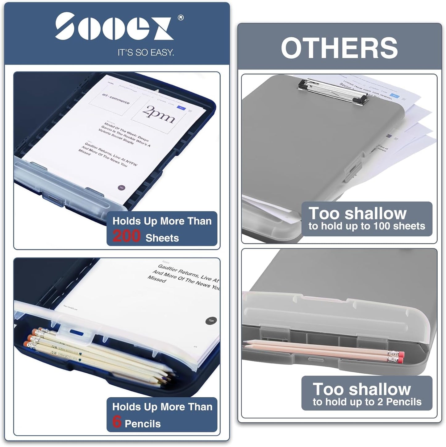 Sooez Clipboard - 8.5 x 11 Storage with Pen Holder | Durable Plastic Organizer for School & Office