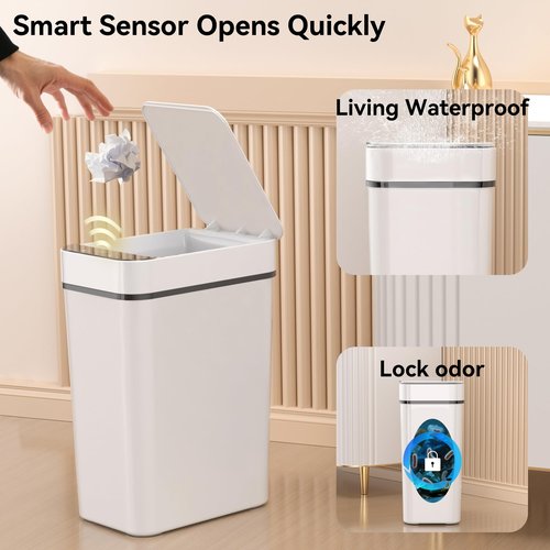 FRESHLIX 3 Pack Bathroom Trash Can 2.6 Gallon Small Touchless Automatic Motion Sensor Trash Cans Slim Waterproof Garbage Bin with Lid for Kitchen, Office, Bedroom White