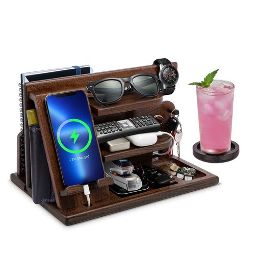Gifts for Men Christmas, Wood Phone Docking Station, Mens Gifts for Birthday or Gifts for Dad Fathers Day, Desk Workspace Organizer Nightstand Organizer Key for Wallet & Watch Holder Husband Christmas