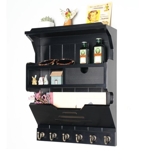 Mutsault Key Holder for Wall, Elegant Wall-Mounted Mail Organizer with Storage Drawers, Black