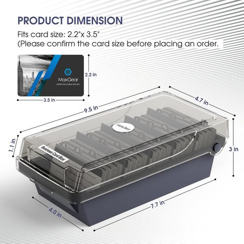 MaxGear Business Card Holder for Desk, Large Plastic Business Card Organizer Box with Lid, Credit Card File Storage Case for Office & Home, Holds 500 3.5” x 2.2” Cards with A-Z Index Tabs, Gray
